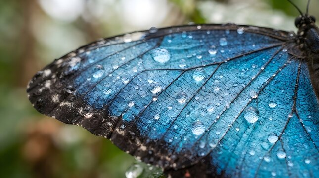 Blue morpho butterfly wing macro photography covered in clear rain droplets