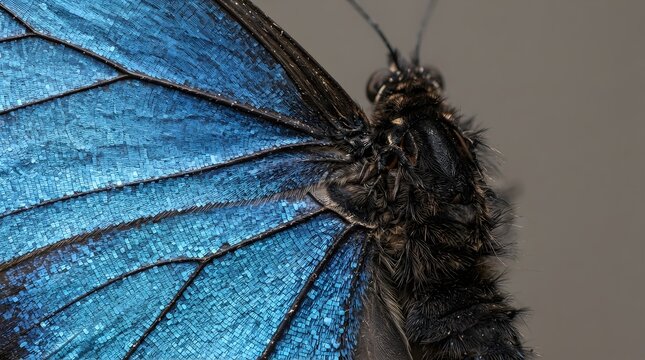 Vibrant blue morpho butterfly wing texture shown in extreme macro detail