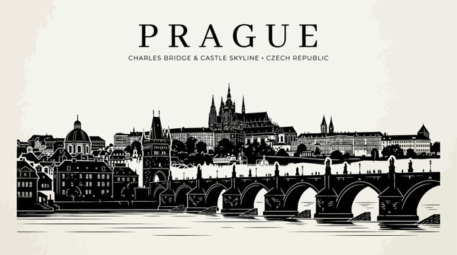 Prague skyline illustration features Charles Bridge and the historic castle.