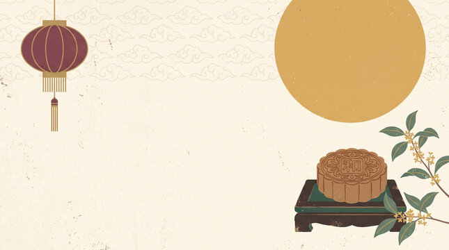 Minimal vintage Chinese Mid-Autumn Festival vector backdrop, oversized warm golden full moon
