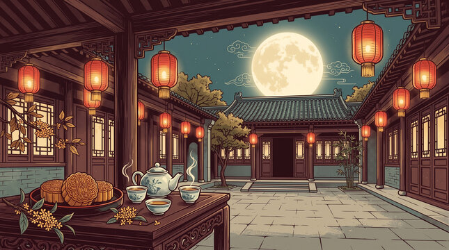 Traditional Chinese Mid-Autumn Festival photo backdrop in vintage vector style