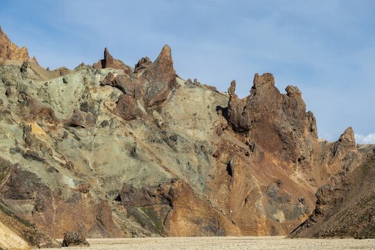 Colored rugged rhyolite mountains, J&ouml;kulgil, Landmannalaugar, Fjallabak, Icelandic highlands, Iceland