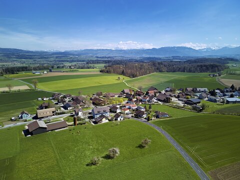 R&uuml;stenschwil hamlet with the Alps behind, Auw, Freiamt, Canton of Aargau, Switzerland