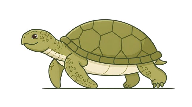 Cartoon style illustration of a friendly green turtle walking peacefully on a white background showing a charming wildlife creature