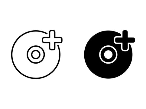 Add disc icon set featuring outline and solid black circular media symbols with plus signs
