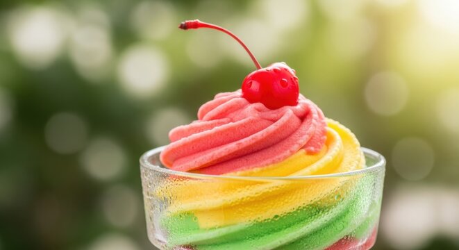Colorful ice cream cone topped with a vibrant cherry garnish