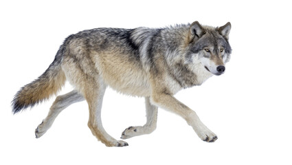 Gray wolf with thick fur walking, isolated on transparent background © Christopher