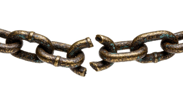 Antique bronze chain with a broken link, isolated on transparent background