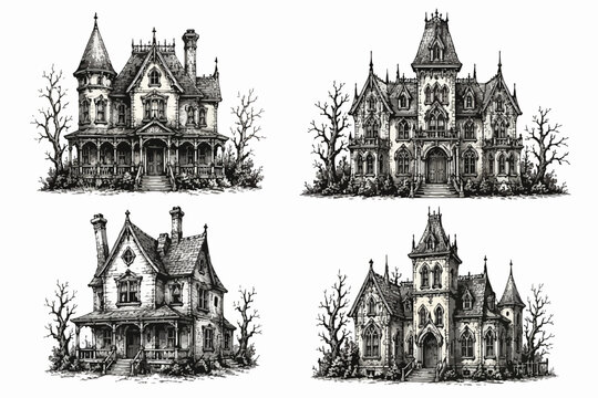 Vintage gothic haunted mansions hand drawn sketches set in classic victorian style art.