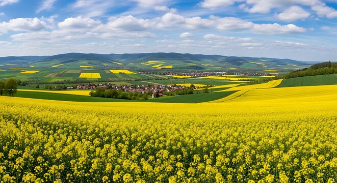 Green Valley Panorama with Blooming Yellow Rapeseed Fields in Foreground