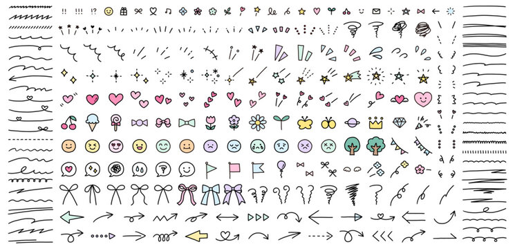 手書きの飾りのベクターイラストセット。手描き、集中線、矢印、リボン、落書き、ハート、キラキラ