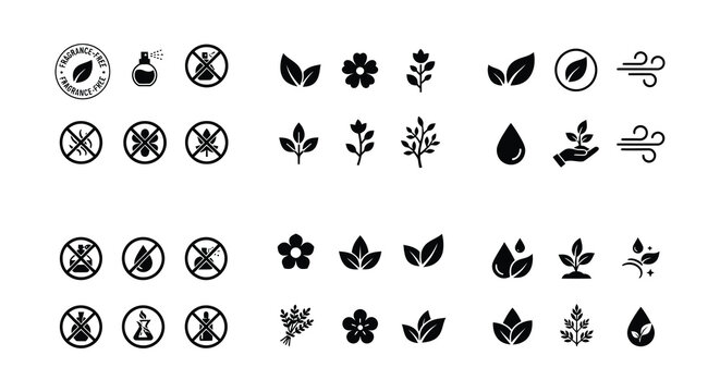 Collection of flat vector icons depicting foliage flowers and fragrance free symbols