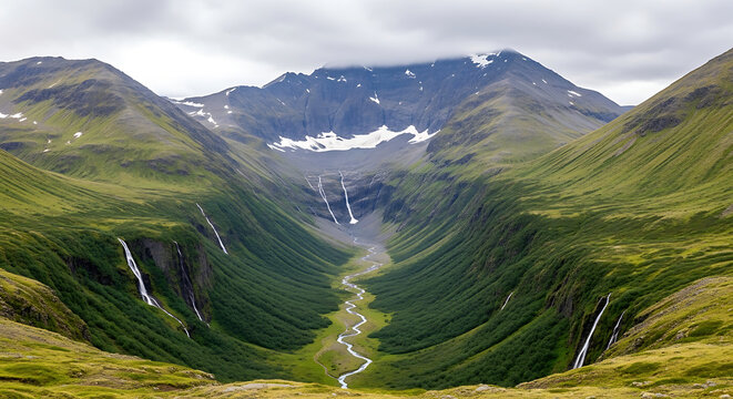 Green Valley Panorama with Distant Glacial Cirque and Hanging Valleys