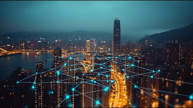 Smart digital city with connection cyber security network reciprocity over the twilight cityscape.future wireless digital city and social media networking systems that connects people within the city	
