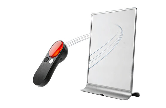 A professional presentation clicker is positioned next to an art scale in a well lit studio. The clicker appears to be ready for use during a demonstration