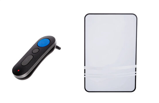 A presentation clicker is positioned next to an art scale on a plain background. This setup may be used for presentations or displays