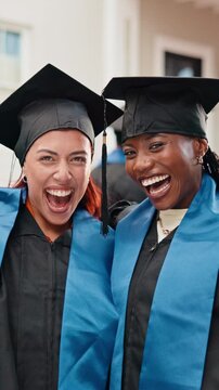 College, face or friends at campus with graduation, happy moment or celebration together at farewell. Portrait, women or student with hug, university milestone or congratulations at diploma ceremony.