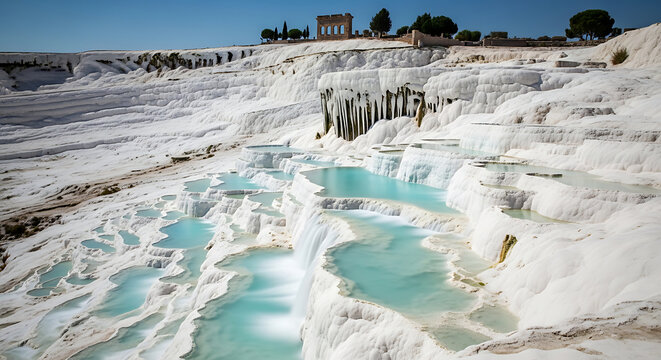 wide cascading waterfall staircase travertine pools turkey long exposure