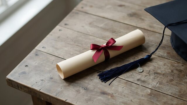 A rolled diploma tied with a dark red ribbon and a graduation cap on a rustic wooden table near a window