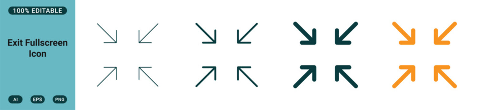 Exit fullscreen icon set, vector illustration of minimize screen interface symbols in different line weights and colors for web and mobile application design