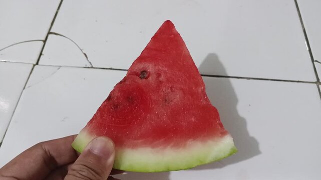 Fresh triangle slice of red watermelon held by hand
