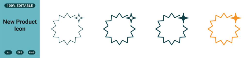 Fototapeta premium New product icon set featuring a starburst shape with a sparkle symbol in various line weights and colors for marketing and ecommerce design