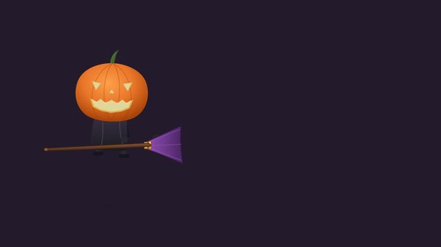 Animated Halloween Jack-O'-Lantern character calling a witch broomstick from the right, mounting with weight rebound, performing a fast WUSHHH takeoff to the left with a full 360-degree continuous spi