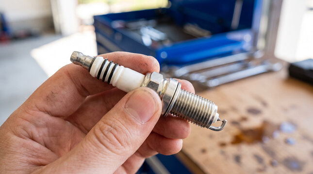 Hand holding a new spark plug with tool chest in background in an automotive repair garage workshop
