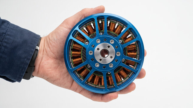 Hand holding a compact blue brushless motor with copper windings, used in drones or electric vehicles