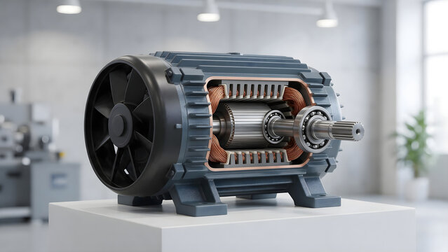 Cutaway electric motor revealing copper windings, rotor, and cooling fan in a clean industrial studio setting