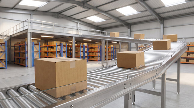 Cardboard boxes on roller conveyor belt in modern warehouse distribution center with shelves in background