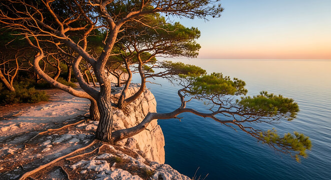 serene cliff edge at sunrise mediterranean pine trees sea view