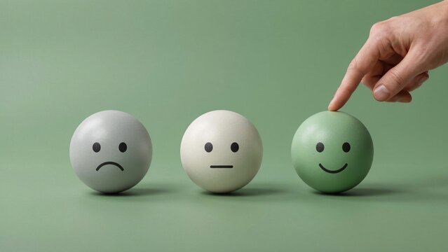Customer satisfaction feedback concept with hand choosing happy face. Emotional rating scale with sad, neutral and smiling spheres. User experience survey.