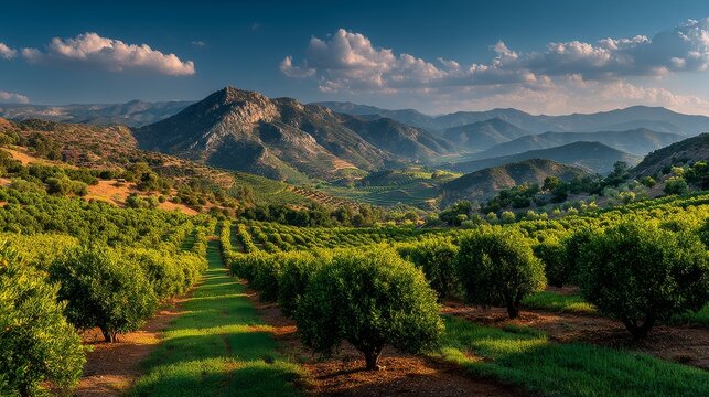 Rows of green olive trees stretch across rolling hills toward distant mountains under a cloudy blue sky background.