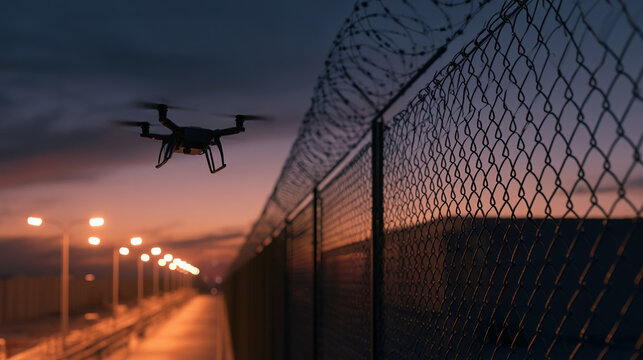 An unmanned drone is flying over a fence with barbed wire against the backdrop of an evening sky, streetlights, and the setting sun.