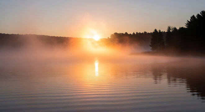 Scenic lake sunset with morning mist inversion actually evening mist rising from cooling water