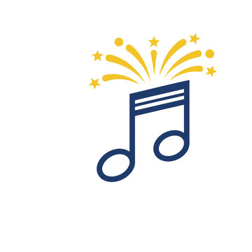 Musical note with fireworks and stars