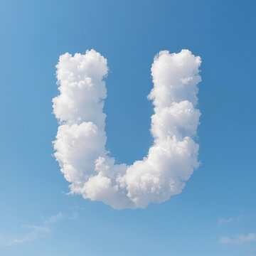 White fluffy cloud shaped as letter U in clear blue sky, creative cloud typography and alphabet lettering concept with copy space for text
