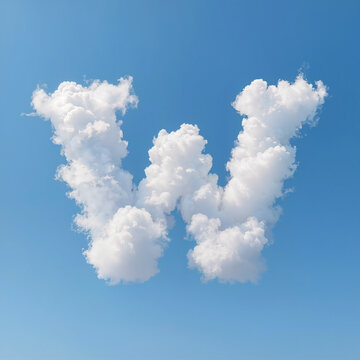 White fluffy cloud shaped as letter W in clear blue sky, creative cloud typography and alphabet lettering concept with copy space for text