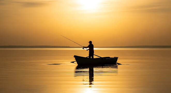 Scenic lake sunset with lone fisherman in small boat casting a silhouette on golden water