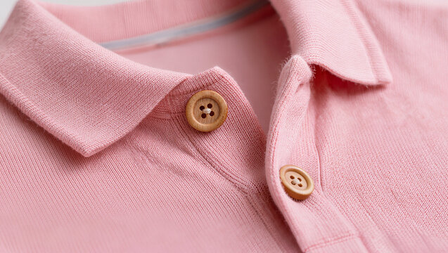 Close up of pink knit polo shirt collar with wooden buttons, cozy fashion apparel and clothing detail concept with copy space for text
