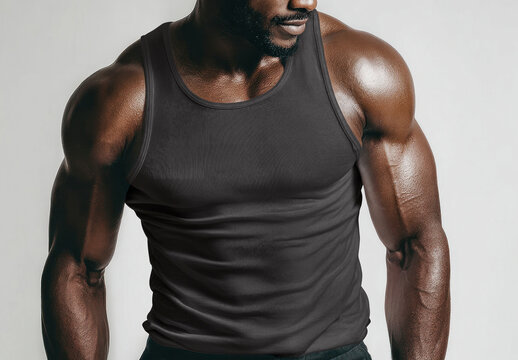 Black Male Athletic Tank Top Mockup PSD With Muscular Torso On Gray Background