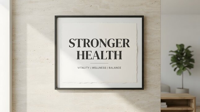 Stronger health motivational quote in a modern black picture frame with framed art wall art home decor minimalist interior positive message concrete wall office wall studio design fitness moti