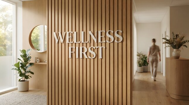 Wellness first sign on a wooden slatted wall in a spa setting with spa decor health facility wellness center interior signage modern interior peaceful environment wooden texture spa design