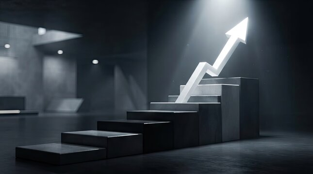 Illuminated success arrow on staircase in dark interior.