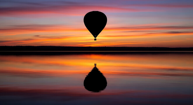 Scenic lake sunset with hot air balloon silhouette floating above colorful sky