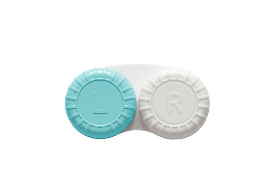 Contact lens case with L and R labels, light blue and white lids, eye lens storage container isolated on transparent background, PNG, optical care accessory, medical hygiene product, portable