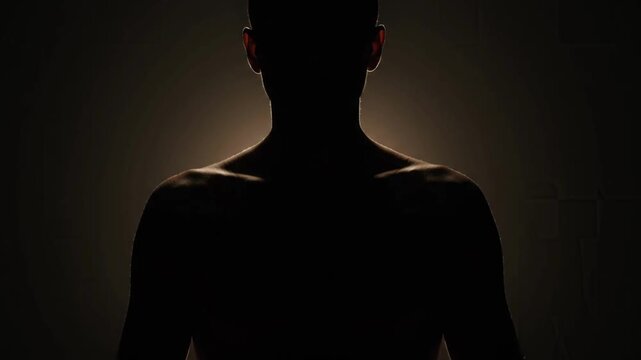 Dramatic silhouette of a man (Homo sapiens) with striking backlighting. Ideal for concepts of male fitness, body shape, strength, identity, and mystery.