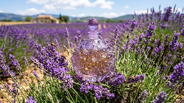 Glass perfume bottle resting in a blooming purple lavender field in Provence