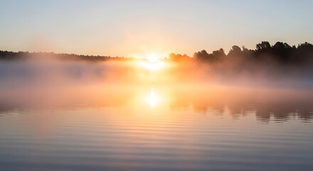 Fototapeta premium Scenic lake sunset with mist rising from warm water in cool evening air creating ethereal atmosphere